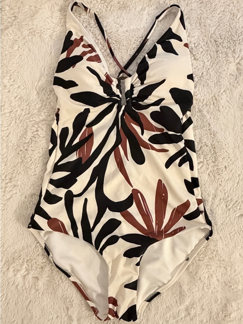 Shade & Shore Tropical Print One-Piece Swimsuit Cream Black Rust Size Small NWT